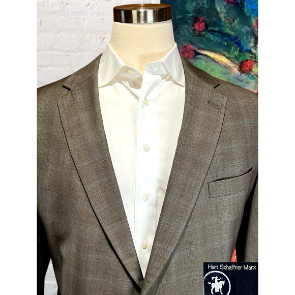 Hart Schaffner Marx Mens 52L 44x34 Taupe Gray Ice Blue Plaid Suit U.S.A. - Picture 3 of 16